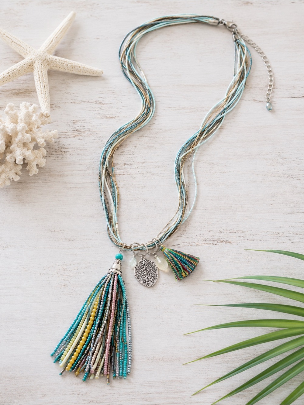 Premier Designs  Pacific Coast Beaded Tassel Necklace with Charms 30”